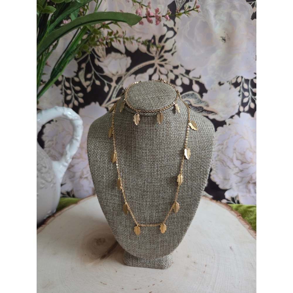 Gold Tone Leaf Charm Necklace and Bracelet Set Nature Inspired Jewelry